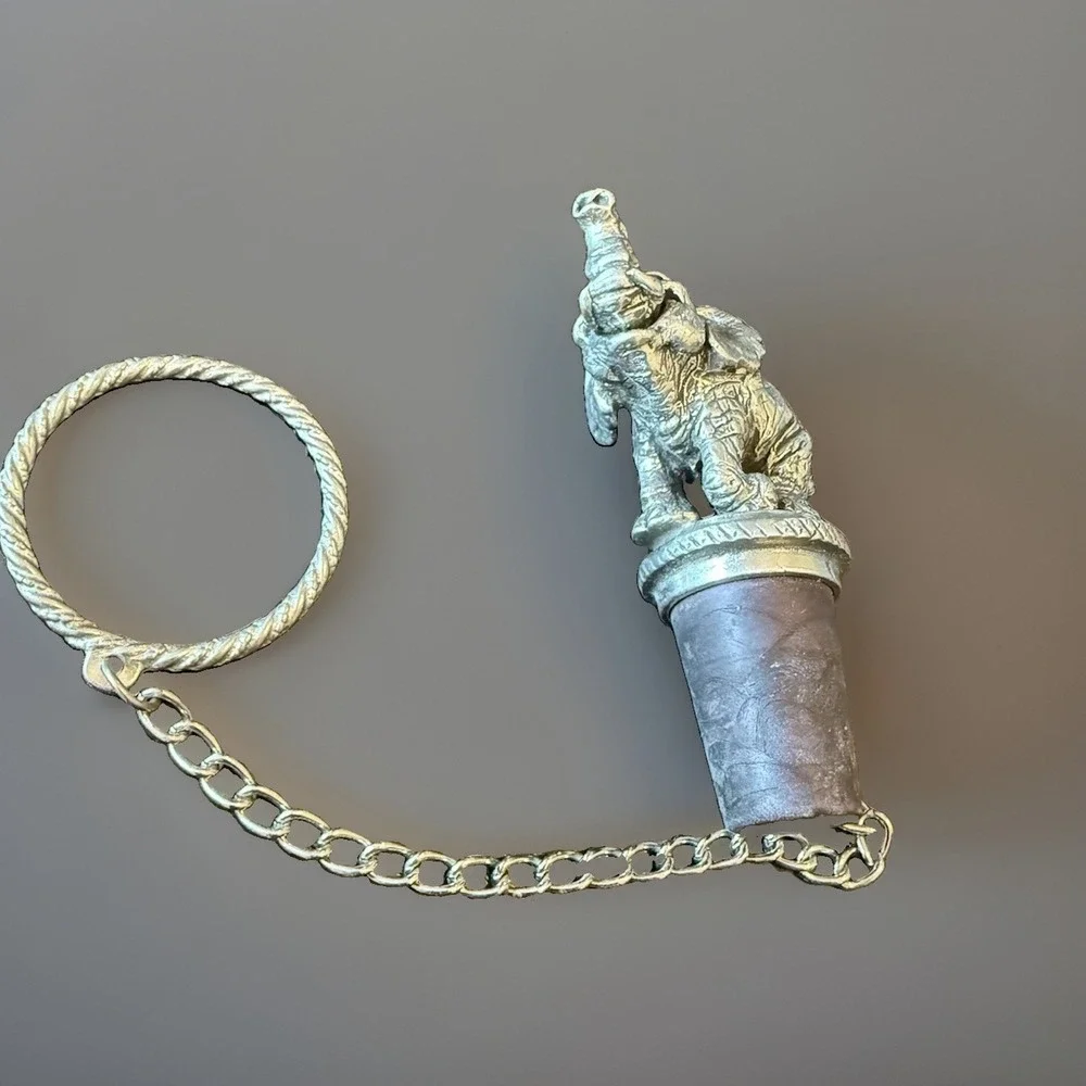 Vintage Elephant Pewter Metal Cork Stopper Topper w/Chain Ring Barware Accessory